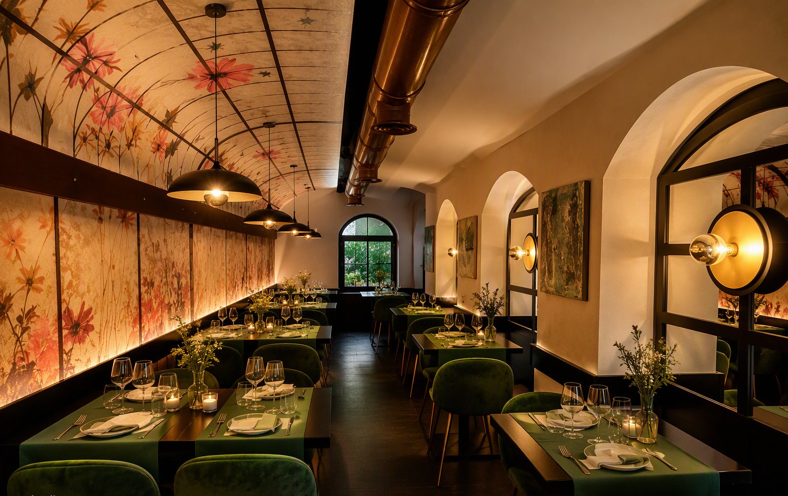 La sala interna con la volta decorata a fiori e le tovaglie verdi