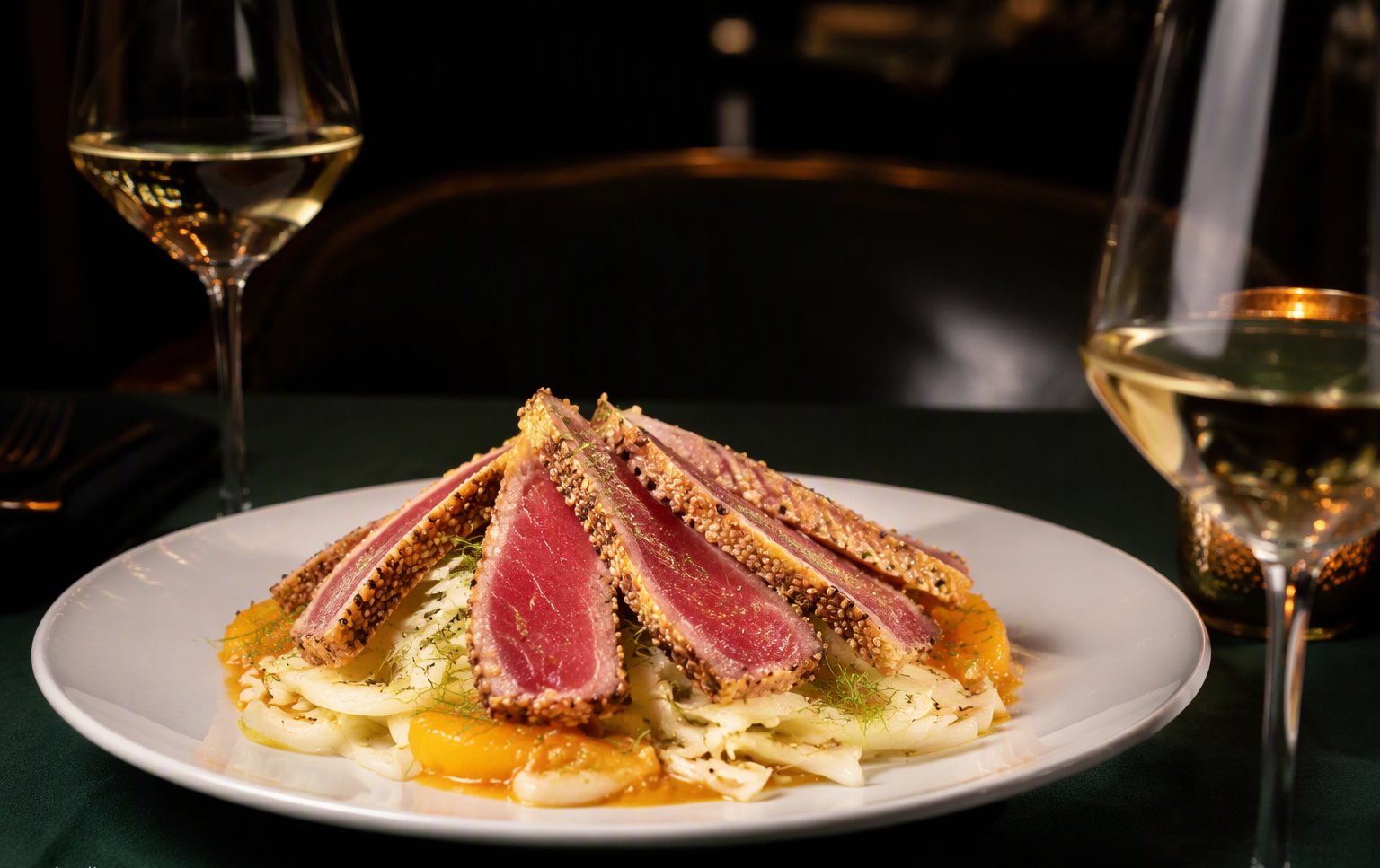 La tagliata di tonno in crosta di sesamo su insalata di finocchi