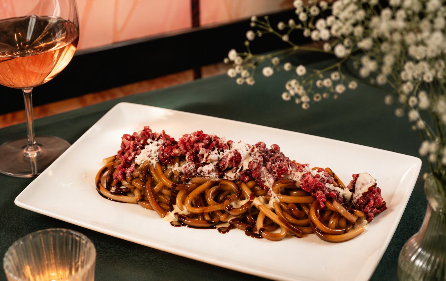 I pici con fondo bruno, tartare di manzo e colatura di gorgonzola